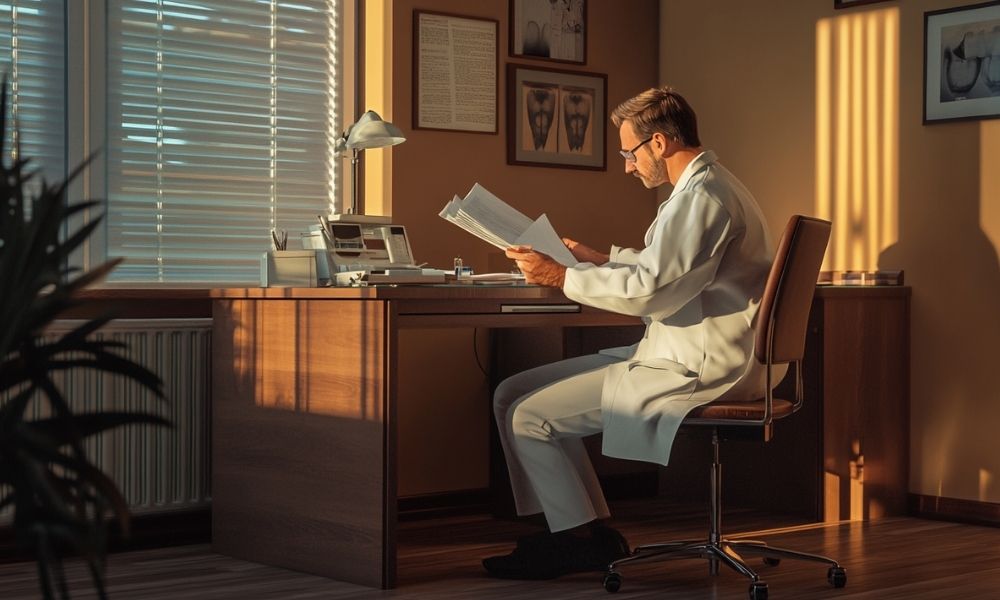 a dentist looking at documents